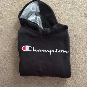 Champion Black Hoodie with Red and White Logo